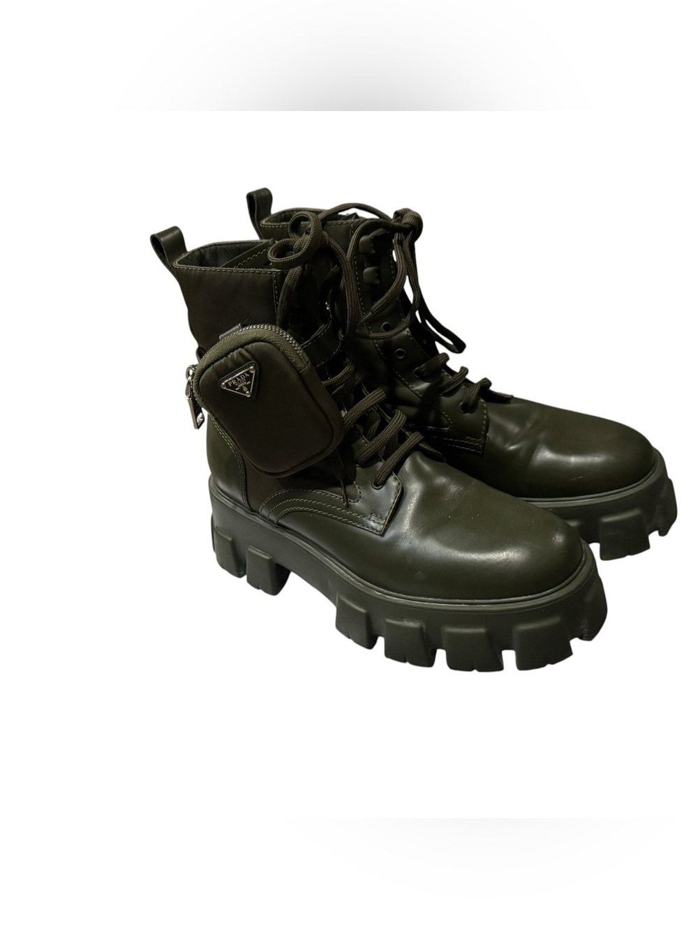 Authentic EUC Prada Olive Combat Boots Detachable Pouch (1) Monolith Re-Nylon 9